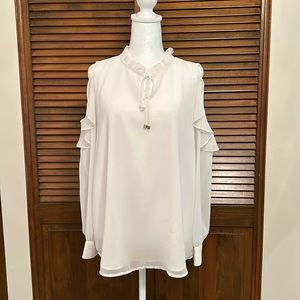 Calvin Klein Off White Chiffon Ruffle Long Sleeve Exposed Shoulder Blouse Size M